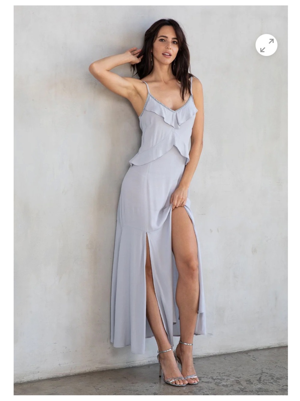 Love Stitch Light Gray Petra Ruffle Maxi Dress with Slit